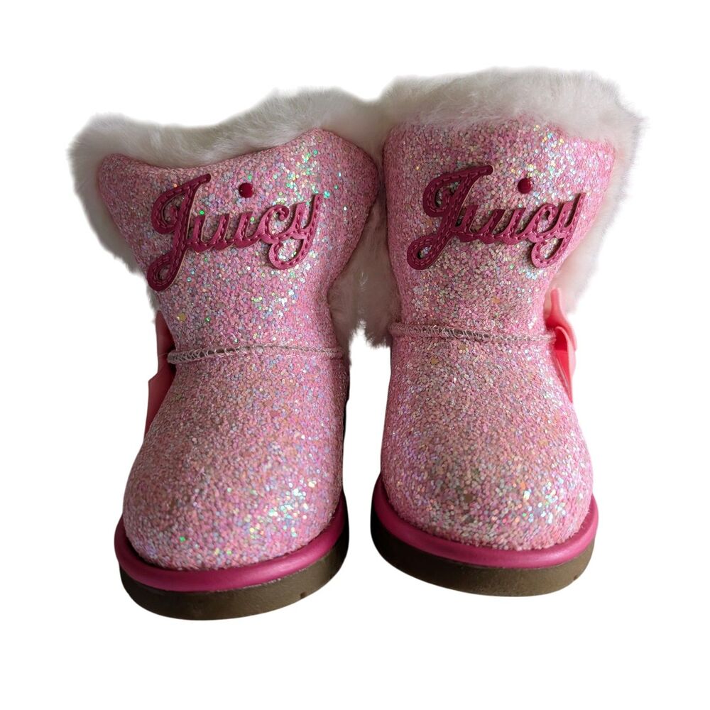 Juicy Couture Girls Glitter Faux Fur Boots Pink Bow Size 7 Toddler